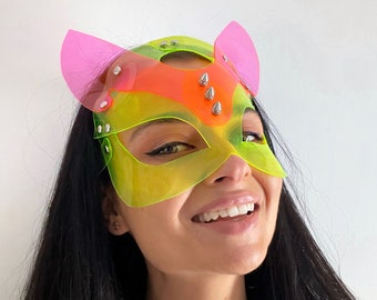 Roze oren neongeel gezicht Cyber Fox-masker Rave Festivalkostuum UV-gloeiend reactief zacht Goth alternatief meisjescadeau Verstelbaar vinyl