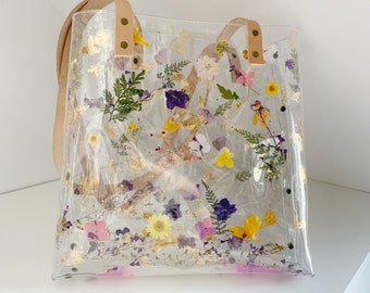 Wild flowers tote, romantic handbag, modern boho, natural  girl style, dried flowers handbag, real flowers, uniqe design gifts, for woman