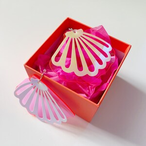 Handcrafted Seashell Earrings with Mermaid Vibes - Opalescent and Neon Pink Layers - 7 cm Diameter - Gift Box Included
