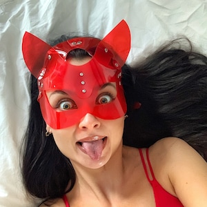Cute red cat, party fun, carnival costume, cat woman, vegan animal mask, maskquerade cosplay, party costume accessory, soft goth, vinyl