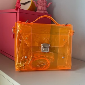Bolso bandolera naranja, monedero de PVC brillante, bolso de estadio transparente, bolso de seguridad vegano, Ypsilon, resistente a la luz ultravioleta.