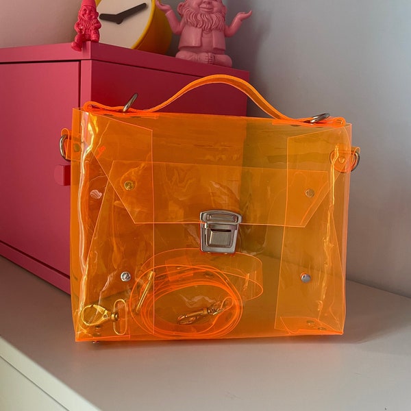 Stylish Orange Messenger Clasp Crossbody Bag, Shiny Jelly PVC bag, security purse, concert stadium handbag, transparent satchel, vegan