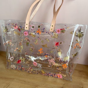 Big messy flowers bag, natural style, boho style, everyday tote, women's Clear PVC tote, big capacity purse, soft vinyl, dried flowers, OOAK