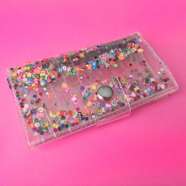 Portefeuille kawaii, jolie pièce moyenne, fimo et paillettes, portefeuille transparent, vegan, accessoires années 90, licorne et arc-en-ciel, girly, cadeau pour ados