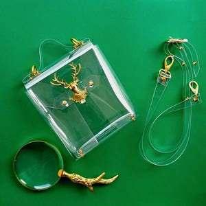Petit sac messager transparent transparent avec ferronnerie de cerf vintage, sac à main stade de style rétro, sac à main messager végétalien unique, cadeau pour végétalien