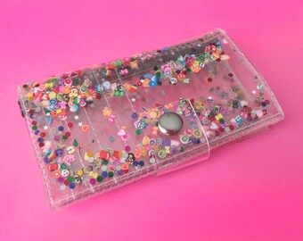 Kawaii wallet, cute medium coin, fimo and glitter, transparent wallet, vegan, 90s accessories, unicorn and rainbow, girly, gift for teens