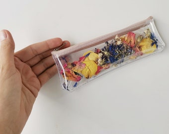 Astuccio per matite con fiori pressati, in vinile trasparente, astuccio botanico, terrario, estetica floreale, borsa cosmetica, regalo naturale, fatto a mano, vegano