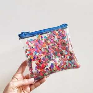 Borsa per feste con coriandoli, borsa trasparente, organizer per borsetta, colorata, astuccio con cerniera, coriandoli di carta, trousse per il trucco, borsa in vinile glitterato, vegana