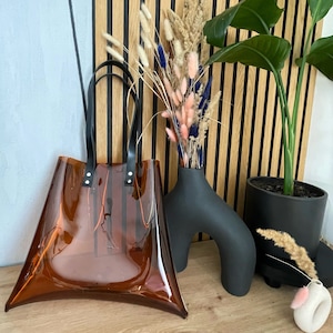 Sac de tous les jours transparent, sac fourre-tout, vinyle transparent et fumé, sac shopper avec poignée en cuir, accessoires de style minimaliste moderne surdimensionné