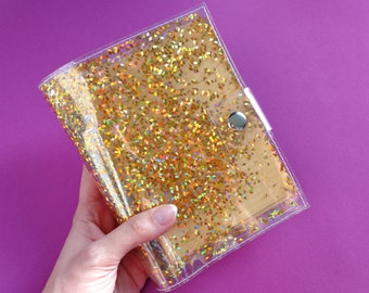Cute holographic gold glitter notebook, girl boss notepad, iridescent sketch book, gift for vegan girlboss, rainbow binder for unicorn, 90s