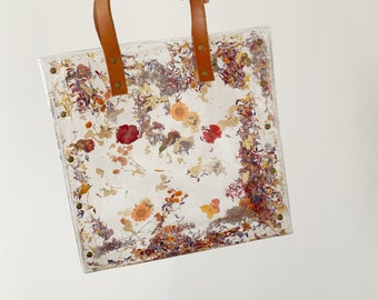 Fourre-tout à fleurs en désordre, sac à main romantique, bohème moderne, style fille naturel, sac à main à fleurs séchées, vraies fleurs, cadeaux design uniques, pour femme