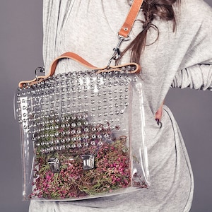 Clear Vinyl Messenger Bag Studded Transparent Satchel With Grommets Leather Strap Industrial Minimalist Office Bag Handmade