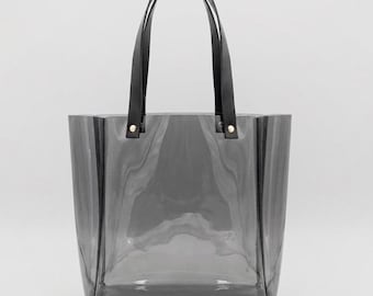 Clear Vinyl Tote Bag Minimalist Transparent Shopper Leather Straps Custom Colors Work Bag A4 Office Bag Handmade Statement Tote