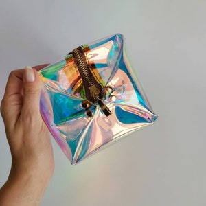 Holographic cosmetic bag, cube makeup purse, raibow toiletry, mermaid shiny cosmetic storage, gift for rave girl, festival style, small shop image 6