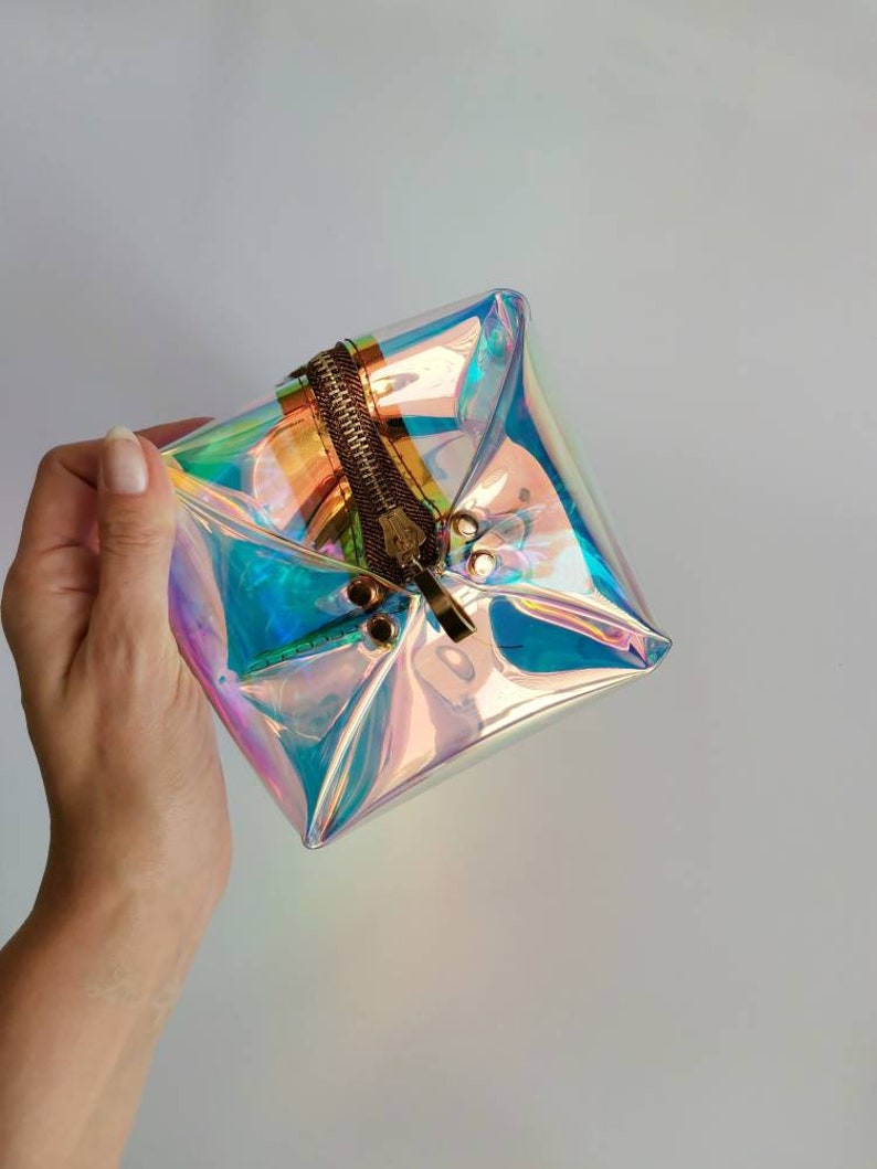 Holographic cosmetic bag, cube makeup purse, raibow toiletry, mermaid shiny cosmetic storage, gift for rave girl, festival style, small shop image 6