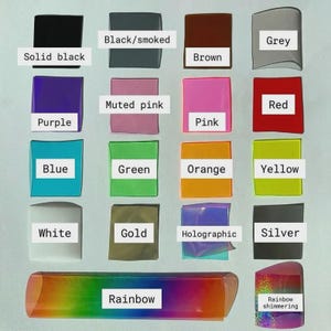 May include: A color chart featuring various hues, including solid black, brown, grey, purple, pink, red, blue, green, orange, yellow, white, gold, holographic, and silver. The chart also includes a rainbow and rainbow shimmering color.