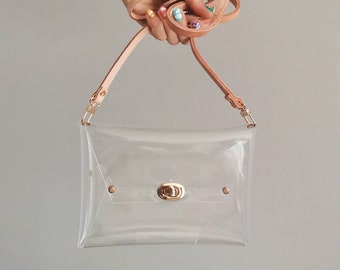 Clear vinyl stadium approved purse with leather strap travel pouch transparent concert clutch fits Kirigami Pochette cover