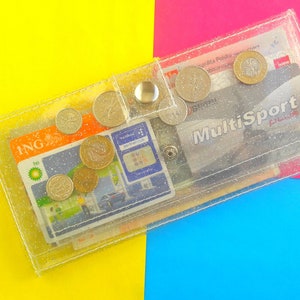 90s Clear wallet with holographic glitter, glitter cashier wallet, holographic coin purse, vegan big wallet, card coin bills holder, vinyl