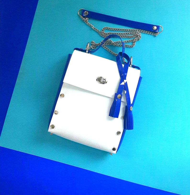 White and blue messenger bag vegan pvc bag nautical Etsy