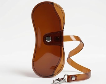 Brown Vinyl Glasses Case Sunglasses Holder Clip On Strap Magnetic Closure Eyeglasses Pouch Minimalist Retro Travel Organizer