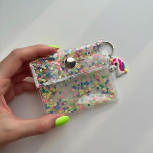 Mini Vinyl Wallet Pastel Confetti Wallet Unicorn Charm Kawaii Y2K Card Holder Cute Keychain Small Sparkly Coin Purse