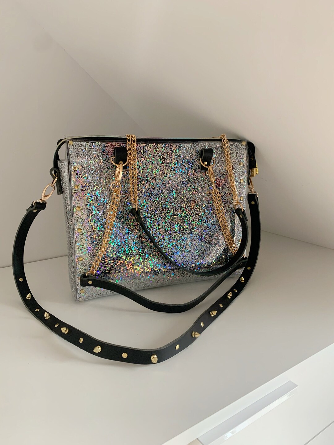 Holographic Stars Laptop Bag: Handmade Glitter Office Purse