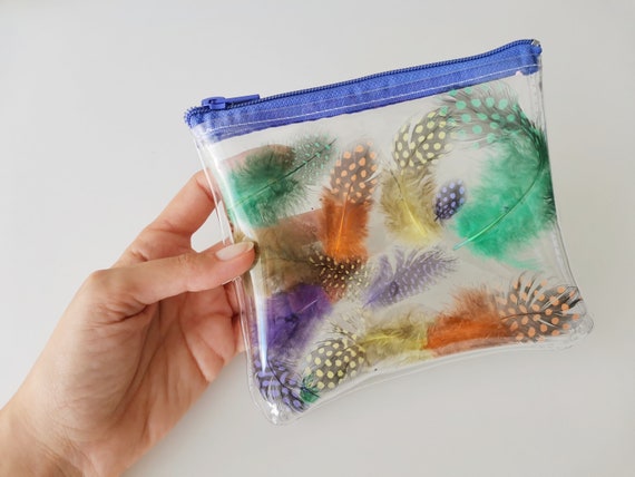Feathers Toiletry Bag Unique Makeup Pouch Small Cosmetic Organizer Clear Purse Festival 90s Handmade Gift Dots