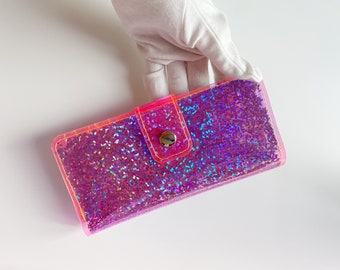 Neon Pink Vinyl Card Holder Travel Wallet Holographic Confetti Y2K Passport Wallet Slim Card Organizer Festival Wallet Gift
