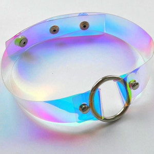 May include: A iridescent clear plastic choker with a silver ring and silver studs.