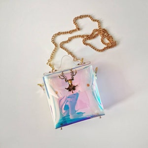 Goldene Hirsch holografische kleine Umhängetasche mit Vintage Metallarbeiten 90s, Retro Style Meerjungfrau Handtasche, Vegan einzigartige Messenger Geldbörse, Festival