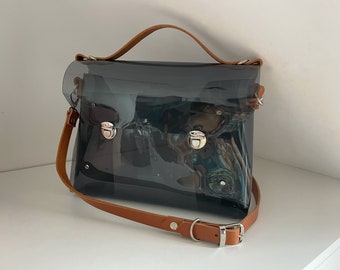Modern Transparent Messenger Bag Black Minimalist Man Bag Office Style Clear Briefcase With Leather Strap Everyday Bag