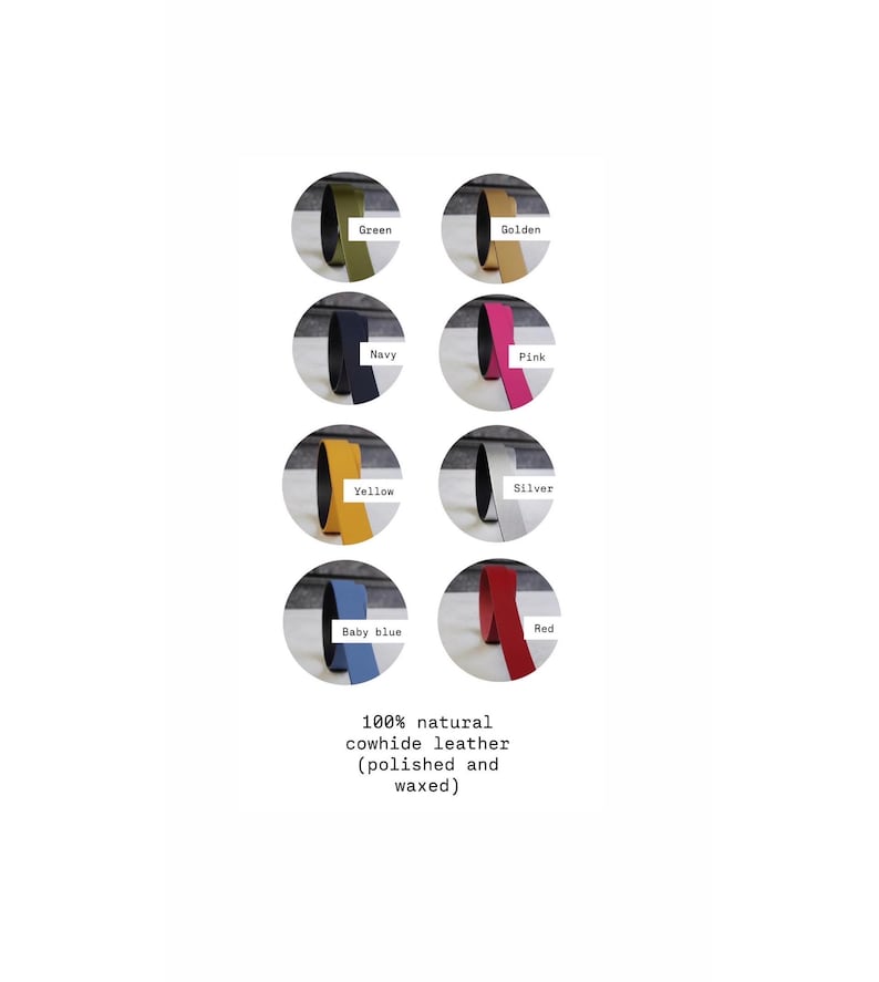 May include: Eight circular swatches of cowhide leather in green, golden, navy, pink, yellow, silver, baby blue, and red. Text below reads: 100% natural cowhide leather (polished and waxed). Each swatch displays the color name next to it.