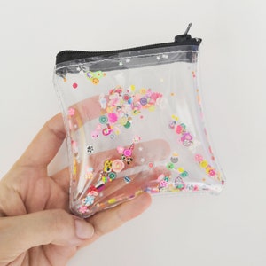 Grazioso portamonete, portafoglio glitterato con coriandoli, piccola borsa trasparente, astuccio trasparente, portamonete, portafoglio per carte e soldi, astuccio portamonete in vinile vegano