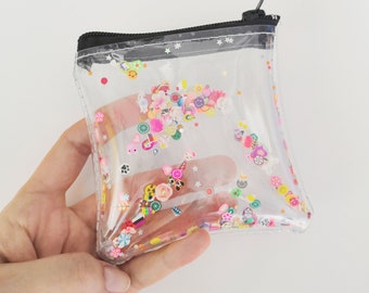 Monedero bonito, monedero con purpurina de confeti, monedero pequeño transparente, monedero transparente, monedero, tarjetero y monedero, monedero de vinilo vegano.