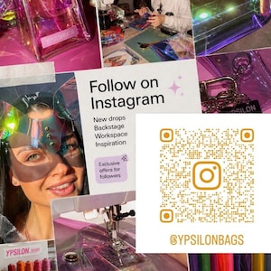 May include: A collage featuring transparent bags, sewing equipment, and a woman. The bags have the text "YPSILON BAGS". The collage includes the text "Follow on Instagram" and a QR code for @YPSILONBAGS. The words "made with love" are also visible.