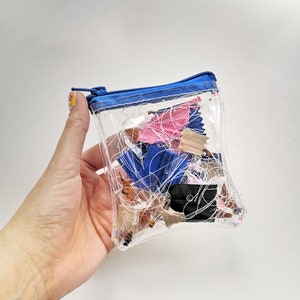 Pode incluir: Uma bolsa retangular transparente com z&iacute;per e acabamento azuis, cheia de z&iacute;peres coloridos em v&aacute;rios tamanhos e cores, incluindo azul, rosa e bege. A bolsa &eacute; segurada em uma m&atilde;o.