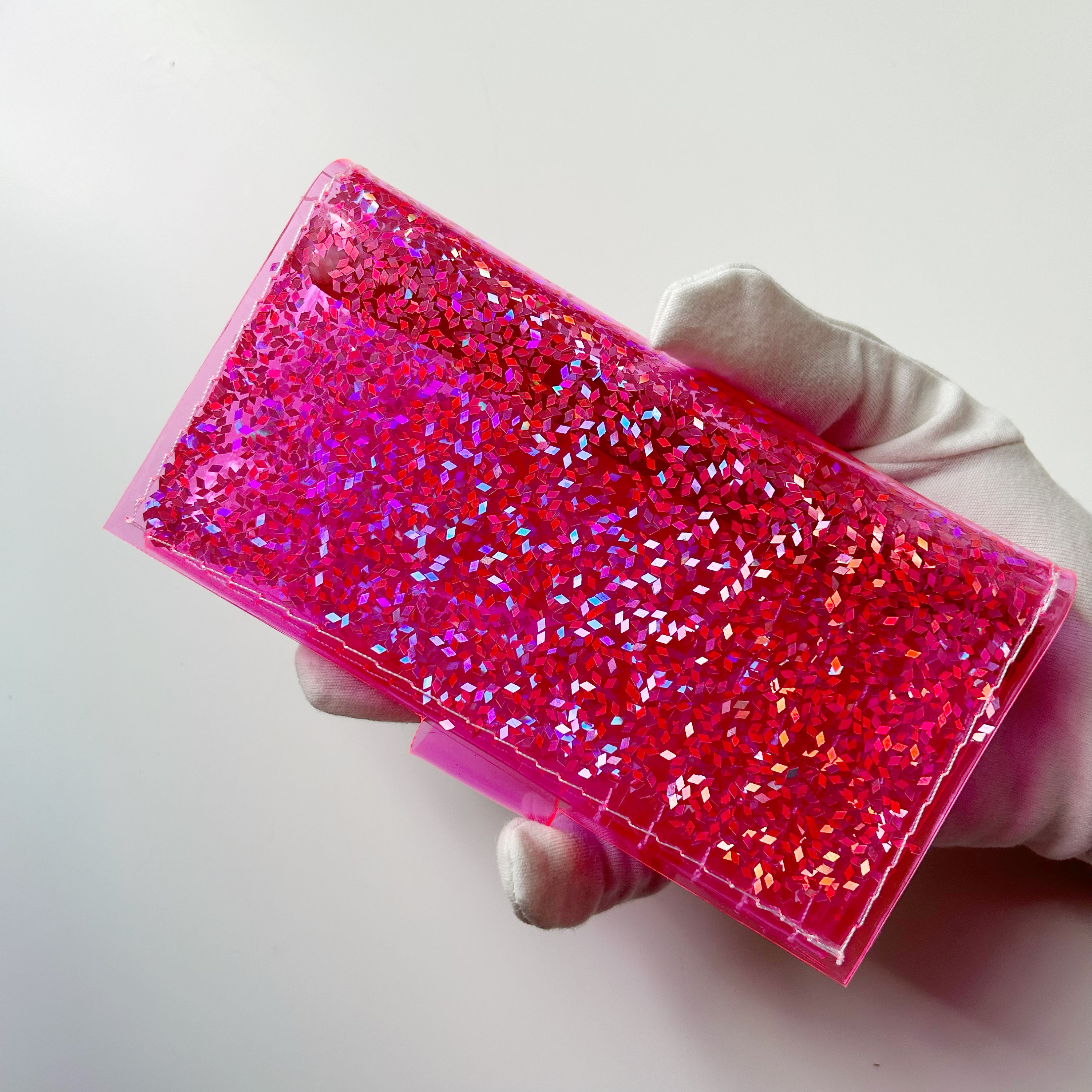 Hot Pink Holographic Vinyl Wallet, Sparkling Silver Confetti