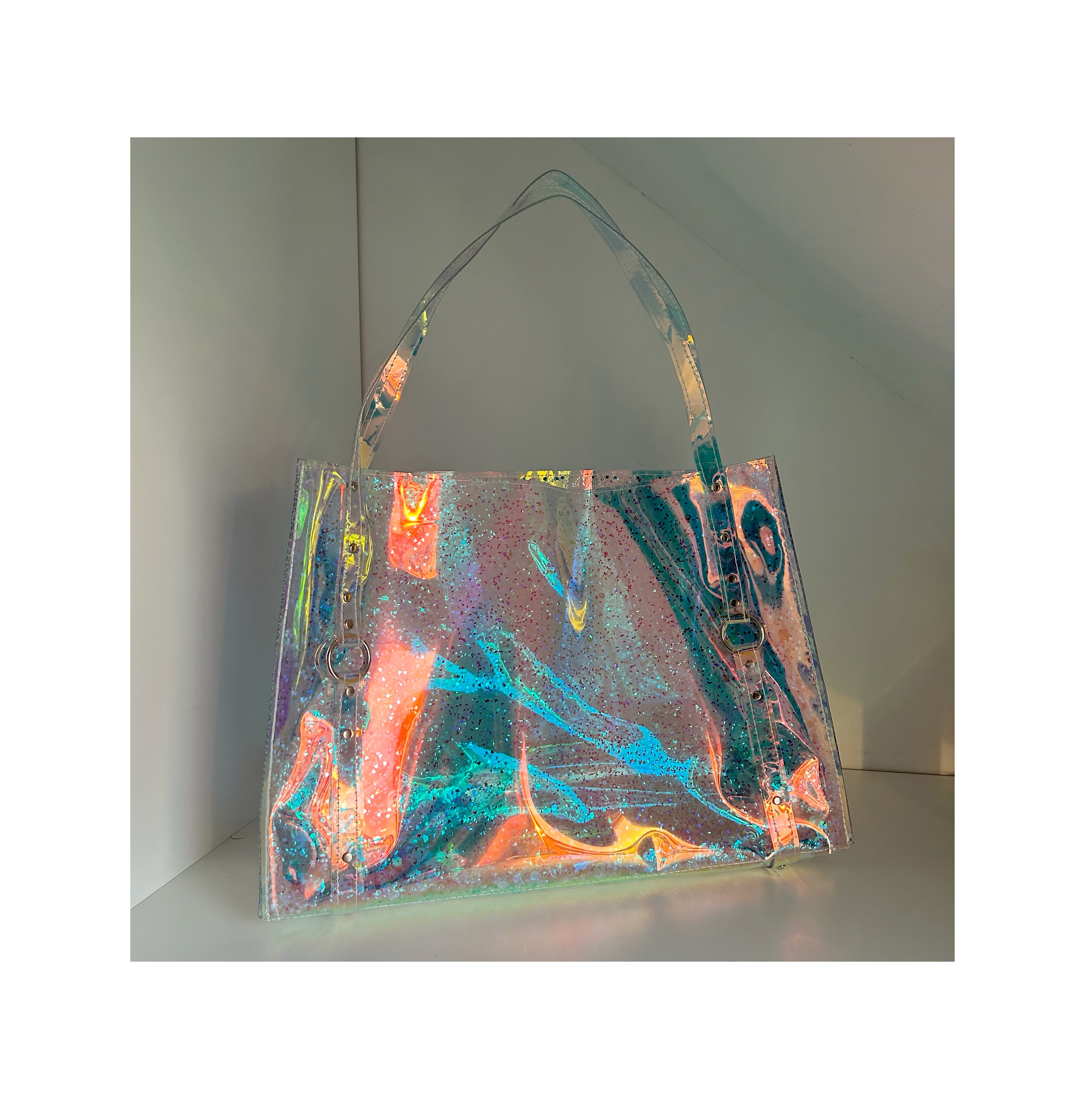 Bolsas transparentes iridiscentes, bolso de playa holográfico de moda,  bolsa de trabajo grande transparente para estadio