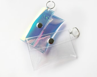 Pocket wallet, card holder and keyring, holographic clear wallet, small 90s things, simple wallet, gift for travelers, vegan accessories