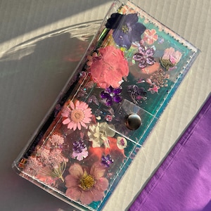 Futuristische Blumen Rhinestone-Mappe, klare Vinyl-Geld-Organizer, rosa lila weiße Blume Geldbörse, Verkäufer Geldbörse, Server und Merchant Wallet