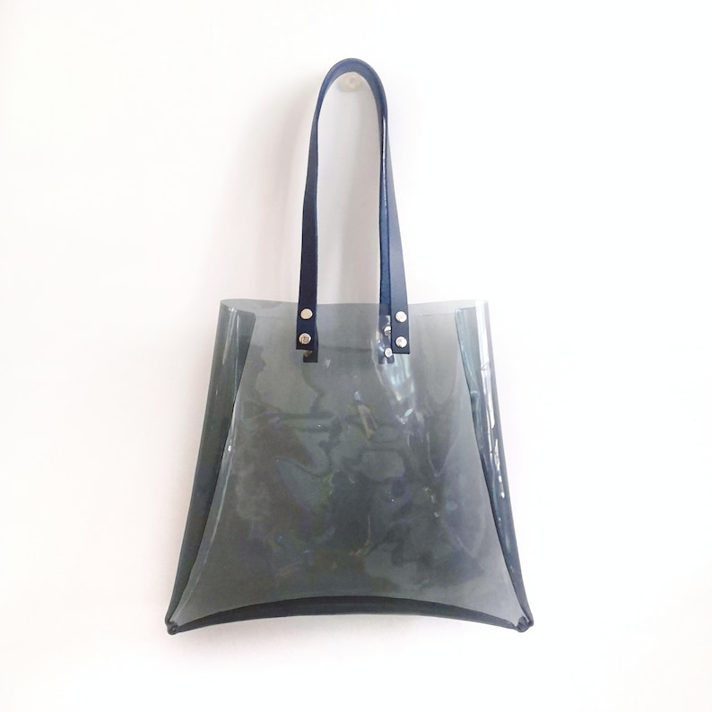 Transparent everyday bag, tote bag, clear and smoked vinyl, shopper bag with leather handle, modern minimalist, oversize style accessories image 7