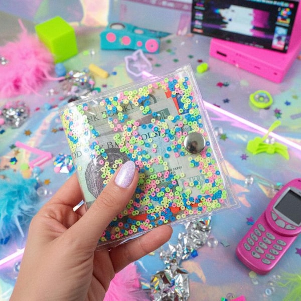 Pastell Glitzer Geldbörse Kawaii 90er Jahre Harajuku Meerjungfrau Soft Goth Vegan Kartenhalter Kassierer Brieftasche Handgemacht