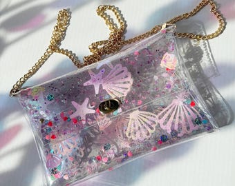 Unique Clutch Mermaid Bag Holographic Glitter Purse Y2K Ocean Shell Aesthetic Transparent Evening Bag Festival Clear Vinyl