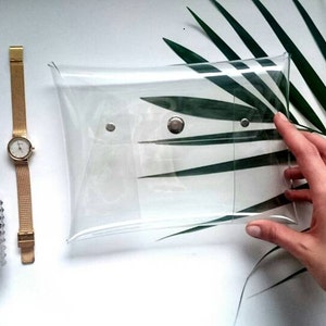 May include: A clear plastic clutch bag with a silver snap closure. The bag is lying on a white surface with a green palm leaf behind it.