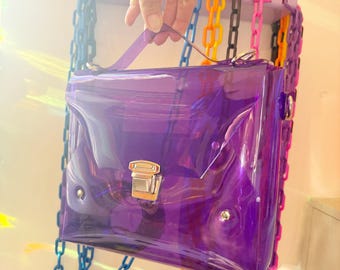 Bolso morado transparente, apto para estadios, bandolera de vinilo transparente, estilo Y2K, ideal para festivales y fiestas rave. Maletín minimalista de PVC, estilo streetwear.