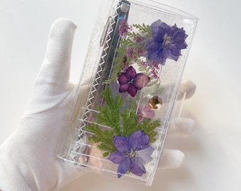 Purple Floral Wallet with Dried Flowers and Gold Glitter Transparent Botanical Purse for Plant Lovers Unique Slow Fashion Gift