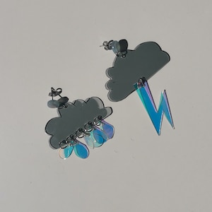 Black clouds, storm earrings, holographic lightning, bolt rain, acrylic vegan dangle, grunge society, cool statement party, fast shipping