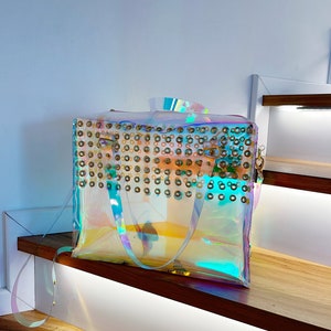 Holographic Vinyl Handbag Iridescent Shoulder Bag Crossbody Rave Festival Eyelet Statement Bag Pastel Goth Scene Girl Gift image 8
