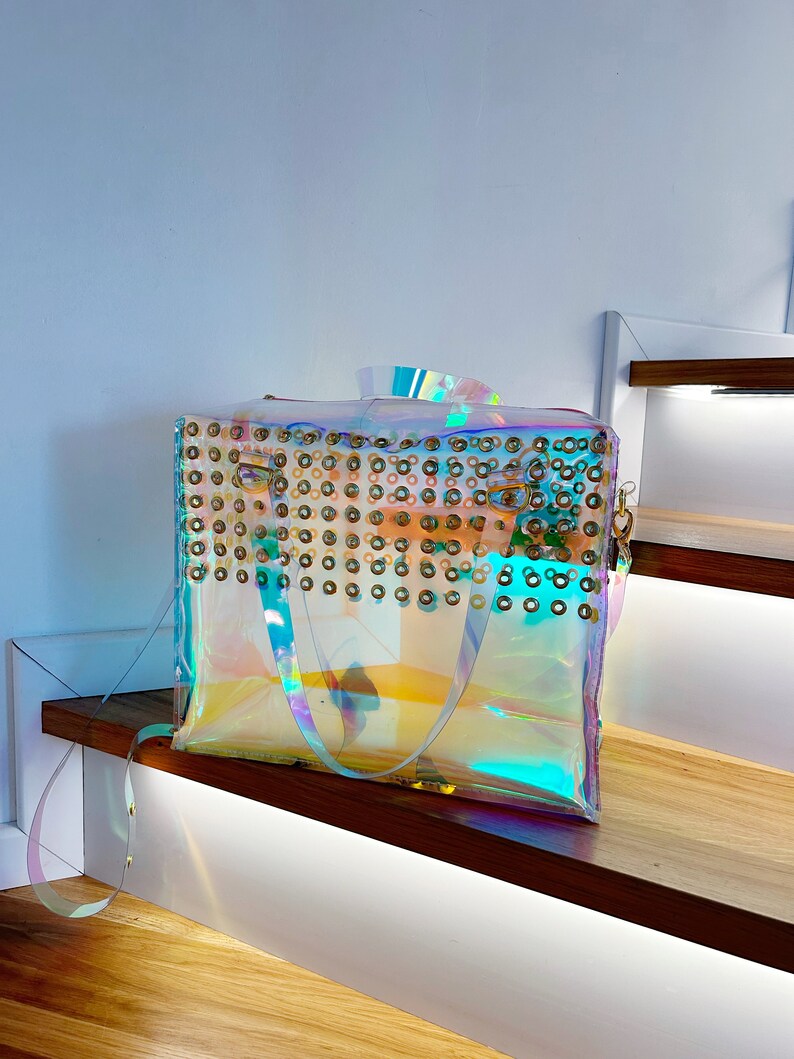 Holographic Vinyl Handbag Iridescent Shoulder Bag Crossbody Rave Festival Eyelet Statement Bag Pastel Goth Scene Girl Gift image 8