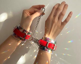 Festival Glitter Handcuff Bracelets Clear Vinyl Sequin Wrist Cuffs Y2K Rave Jewelry Opalescent Confetti Chain Bracelet Nostalgic Party Acces